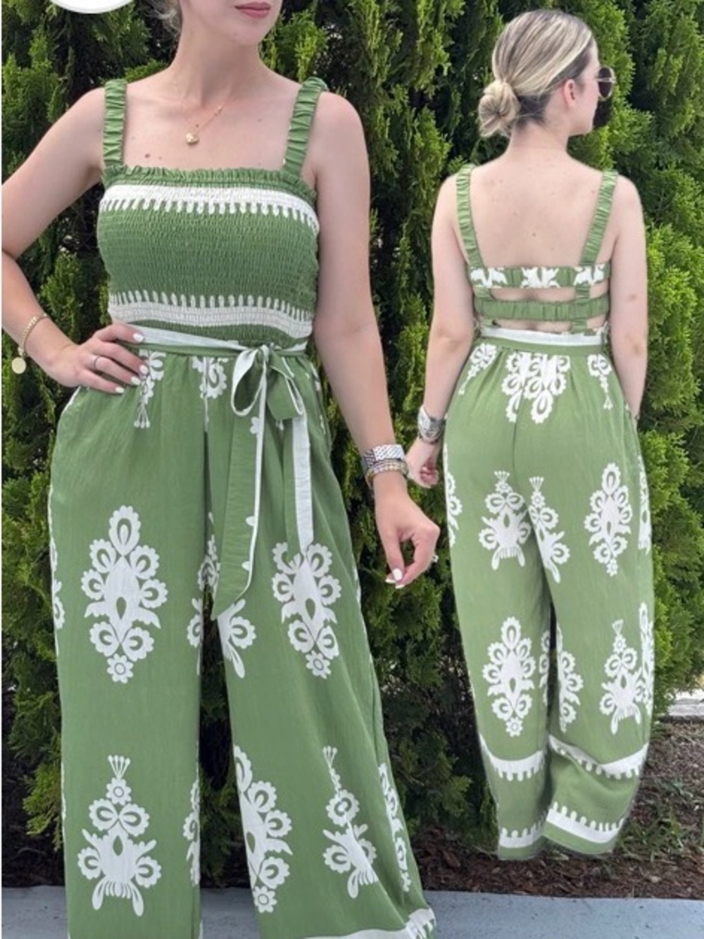 Olive Green Printed Smocked Jumpsuit with Waist Tie